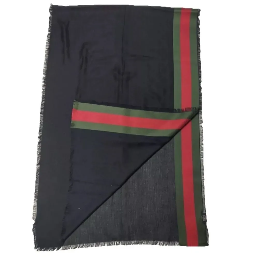GUCCI Black Silk Cotton Sherry Line Edge Wrap Shawl Lightweight Web Trim Auth